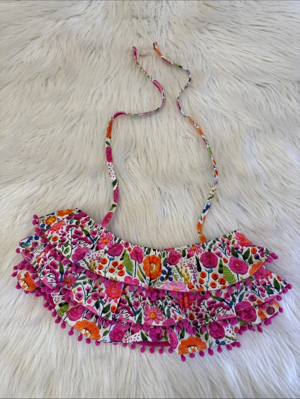 Cheeky Plum Clothing Swim Floral Ruffle Bikini Top with Pink Pom-Pom Trim Size 8